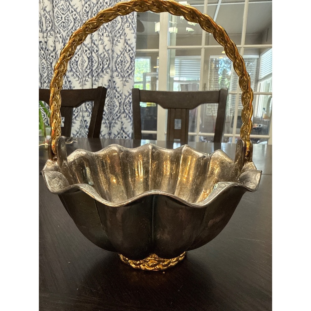 Vintage Two Tone Silver and Gold Scalloped Metal Basket with Braided Handle